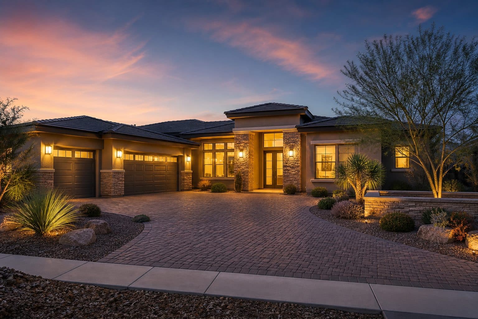 Staged Las Vegas home exterior at twilight prepared for listing